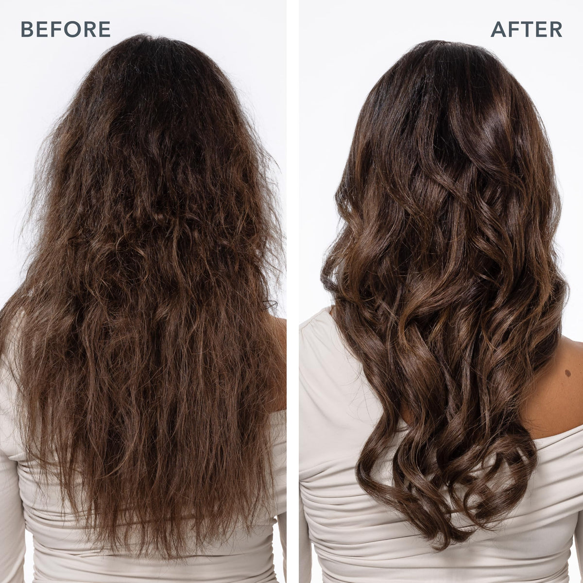 Beekman 1802 before and after hair showcasing improved shine and smoothness