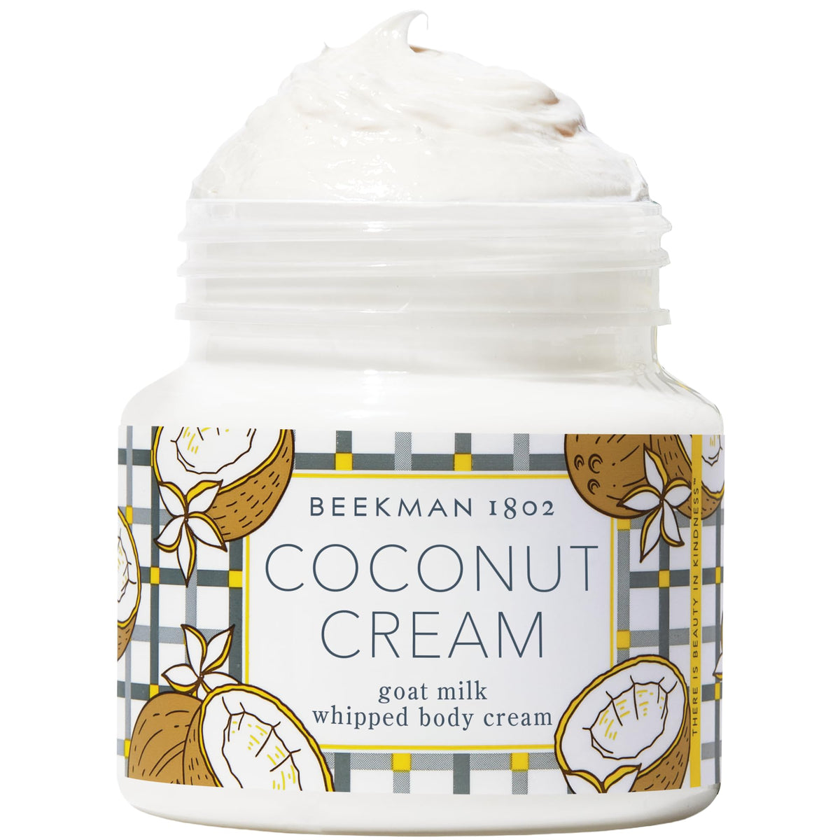 Beekman 1802 jar front view showing coconut cream scent and benefit of rich hydration