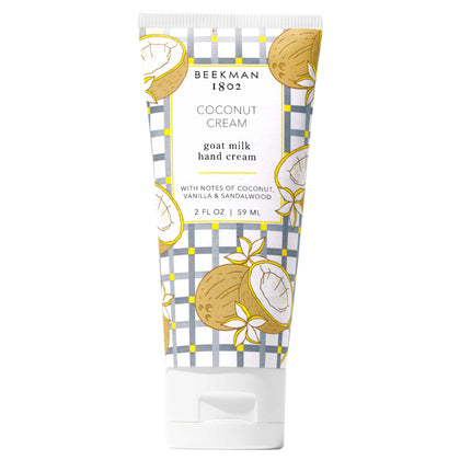 Beekman 1802 front tube showing Coconut Cream hand cream, portable hydration benefit