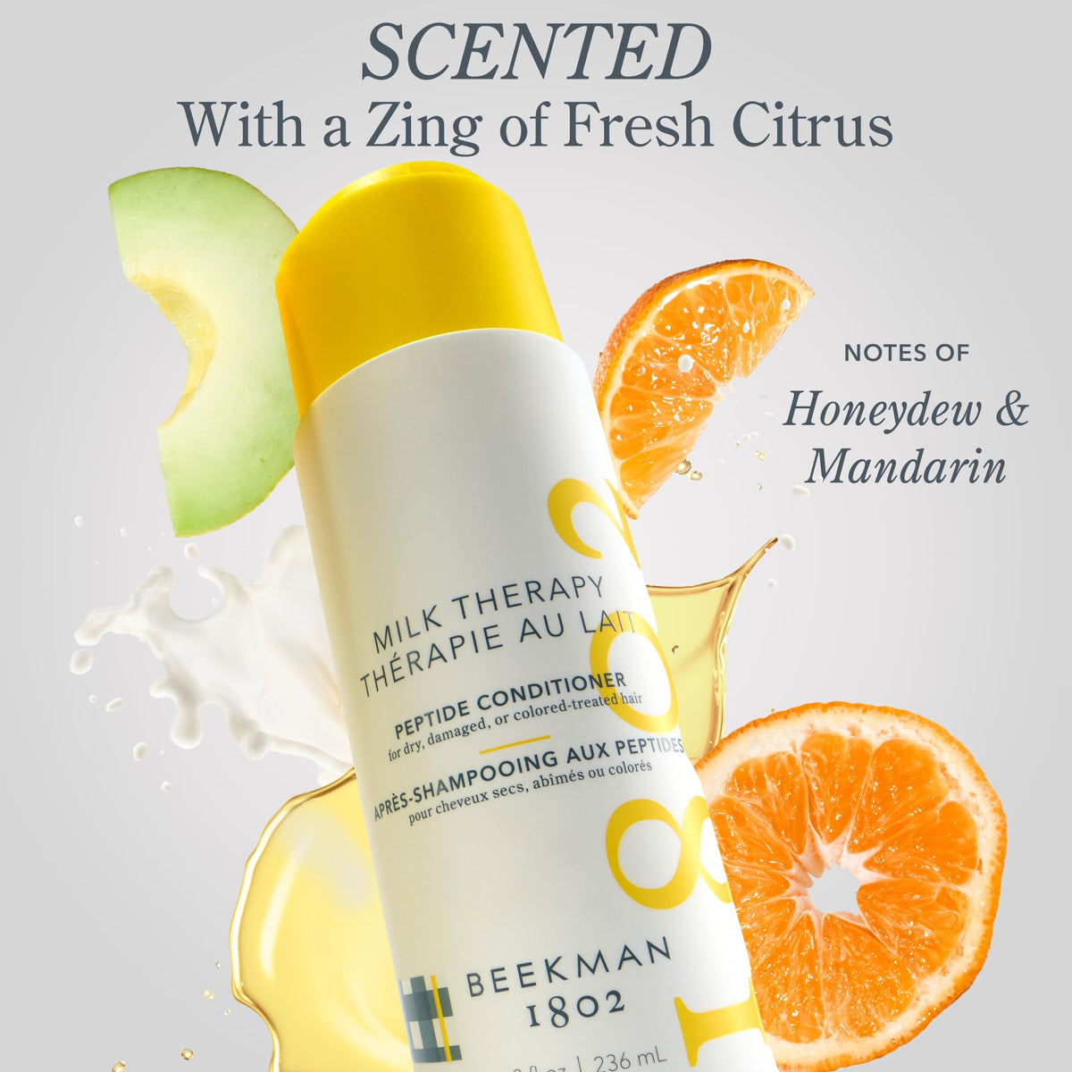 Beekman 1802 conditioner bottle in hand showing true size and scale