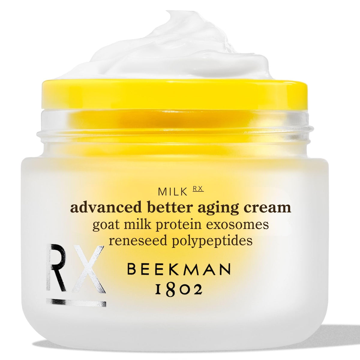 Beekman 1802 front jar showing Milk RX moisturizer benefits