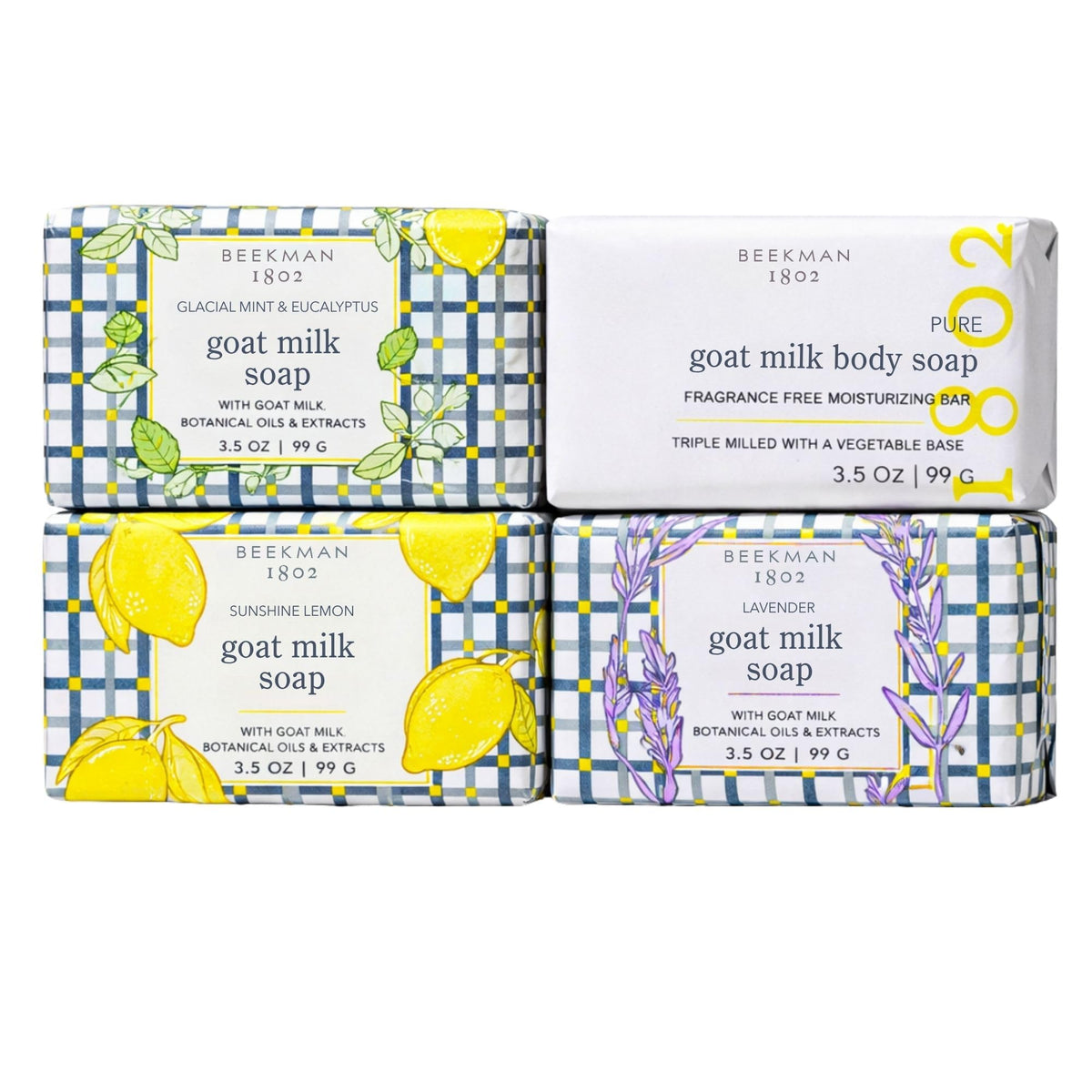 Beekman 1802 front packaging of four-bar scent sampler showing assortment and benefit