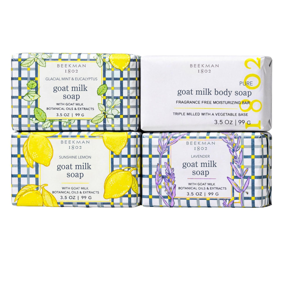 Beekman 1802 front packaging of four-bar scent sampler showing assortment and benefit