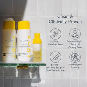 Beekman 1802 bottle on bathroom shelf styled for everyday clean-beauty routine