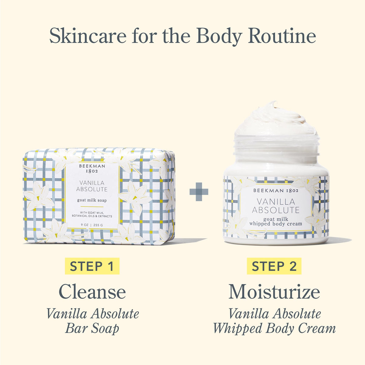Beekman 1802 jar on bathroom shelf styled for everyday skincare routine