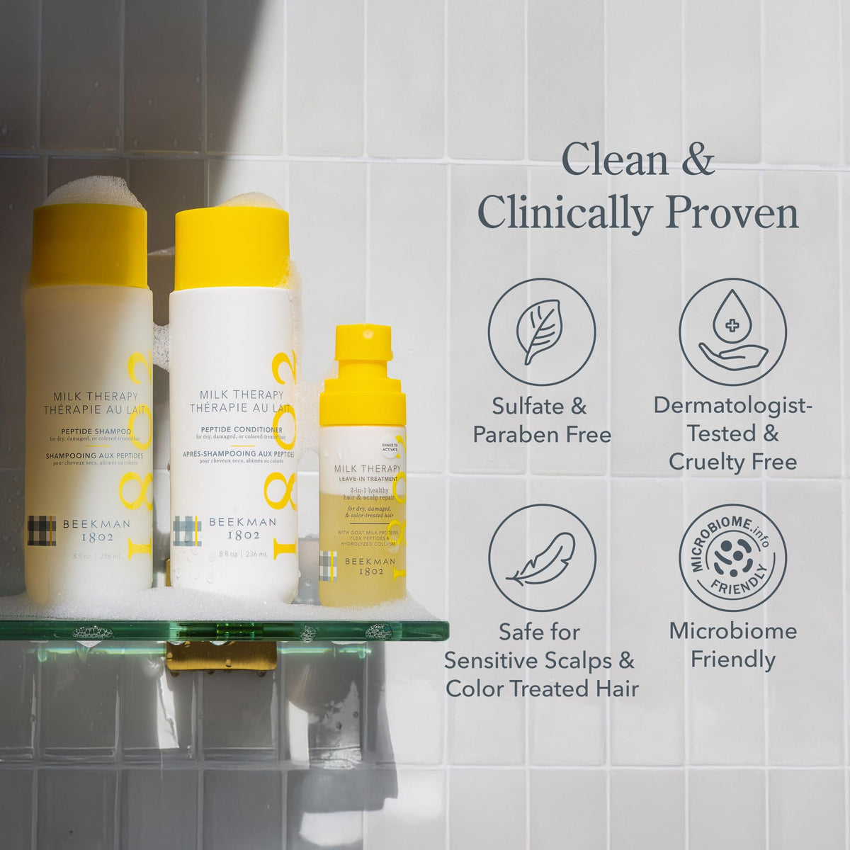 Beekman 1802 conditioner on bathroom shelf in lifestyle setting for routine