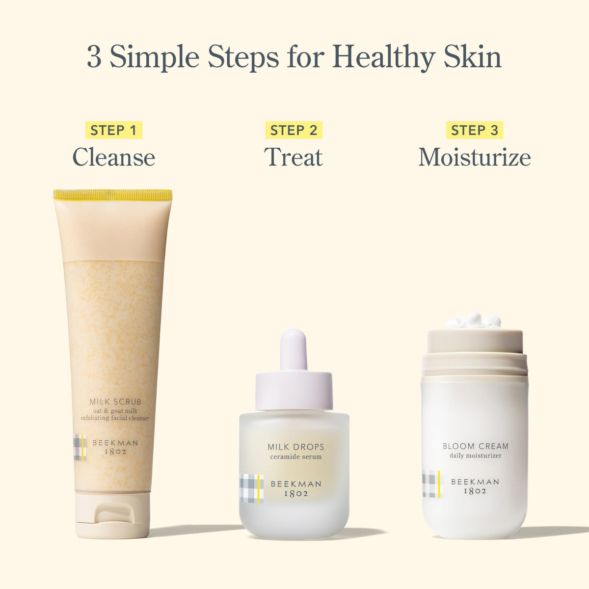 Beekman 1802 ingredient label highlighting ceramides and clean formulation benefit