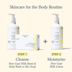 Beekman 1802 bottle styled with lotion in bathroom suggesting a complete care routine benefit