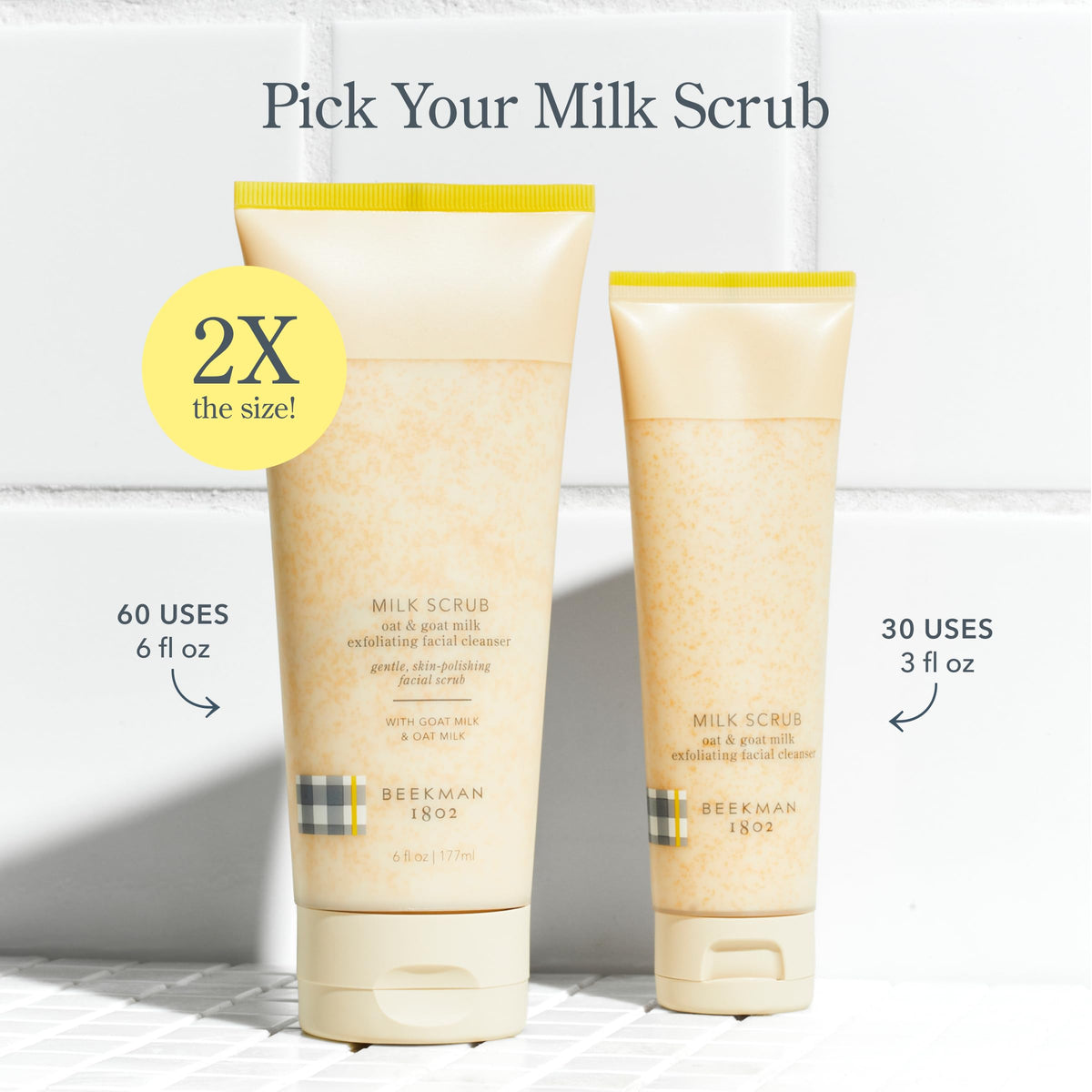 Beekman 1802 scrub applied to wet face mid-massage showing effective polishing