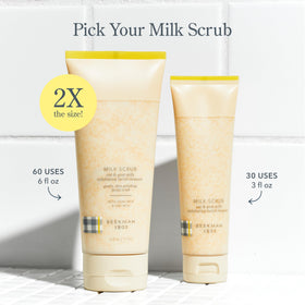 Beekman 1802 scrub applied to wet face mid-massage showing effective polishing