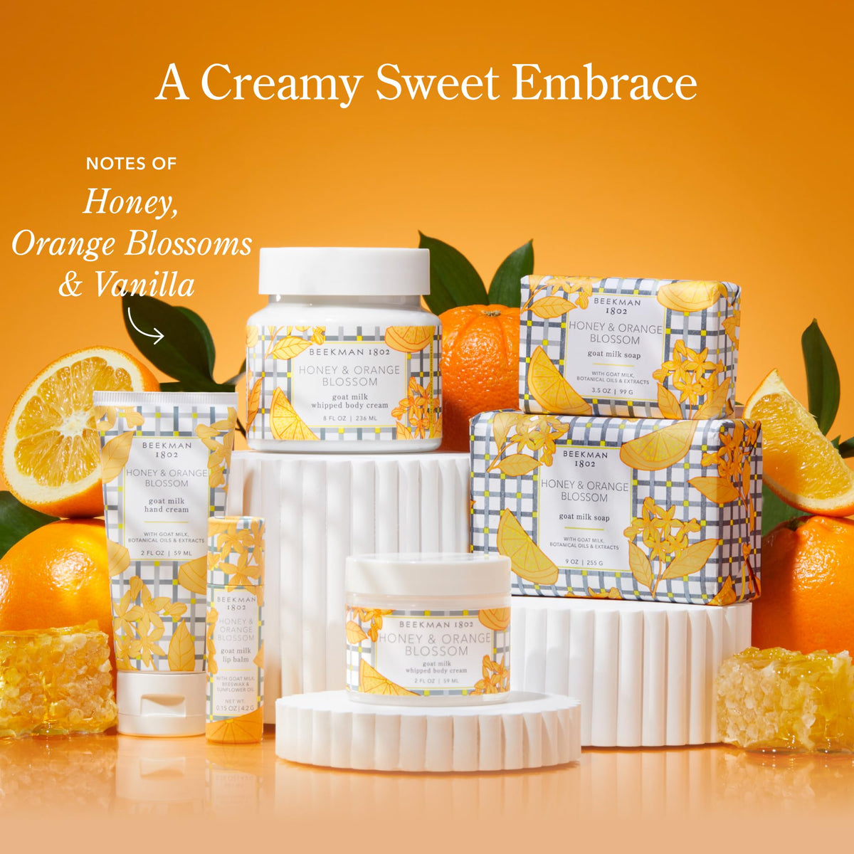 Beekman 1802 shea butter and jojoba oil ingredient arrangement highlighting nourishment