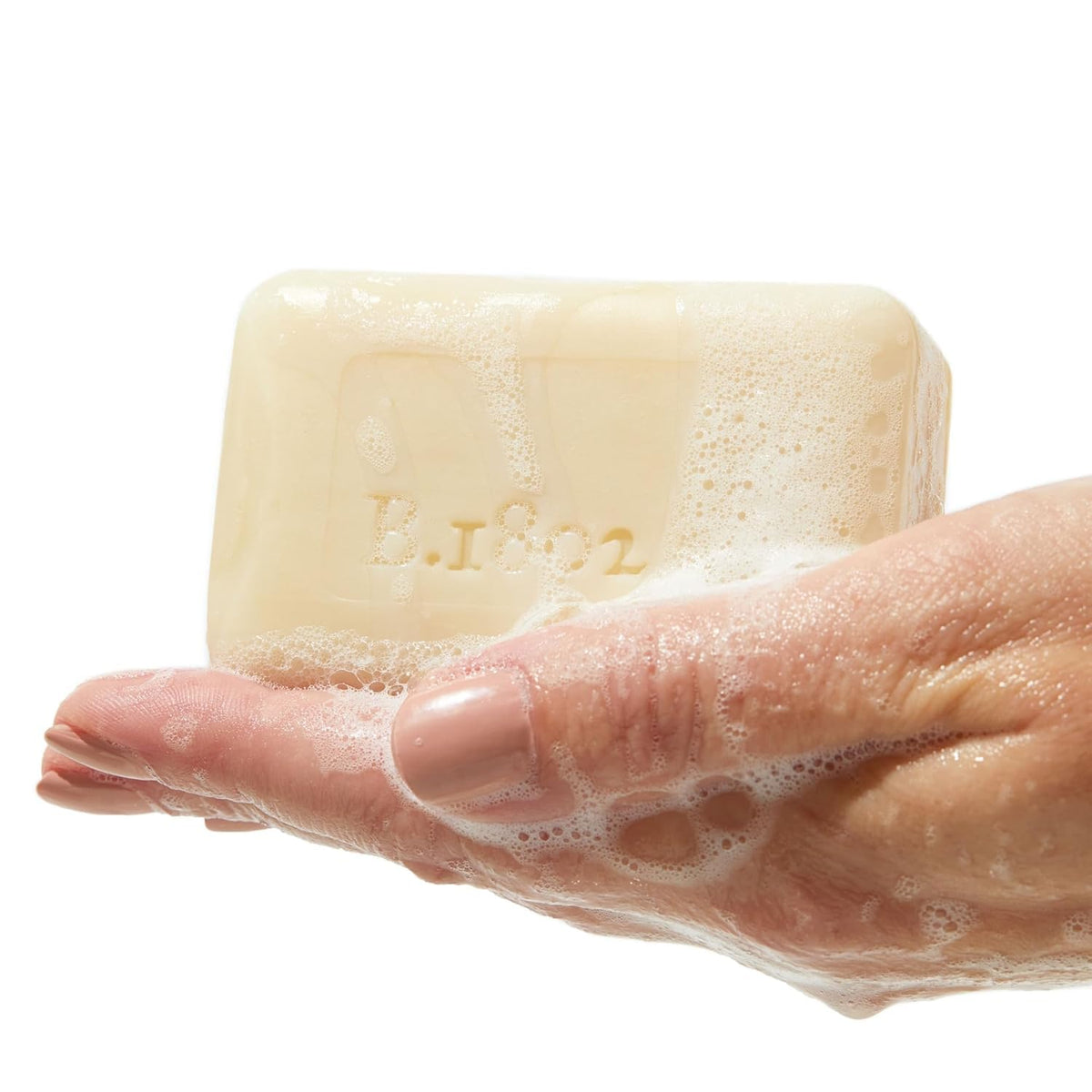 Beekman 1802 close-up of single bar texture highlighting creamy, moisturizing finish