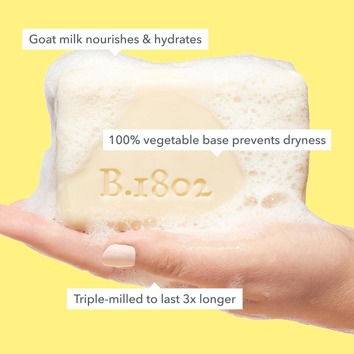 Beekman 1802 soap bar side profile highlighting dense triple‑milled texture