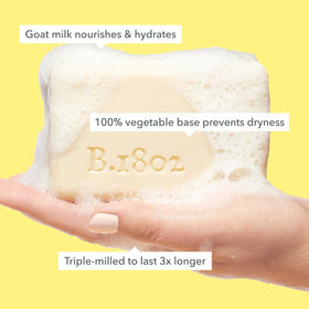 Beekman 1802 soap bar side profile highlighting dense triple‑milled texture