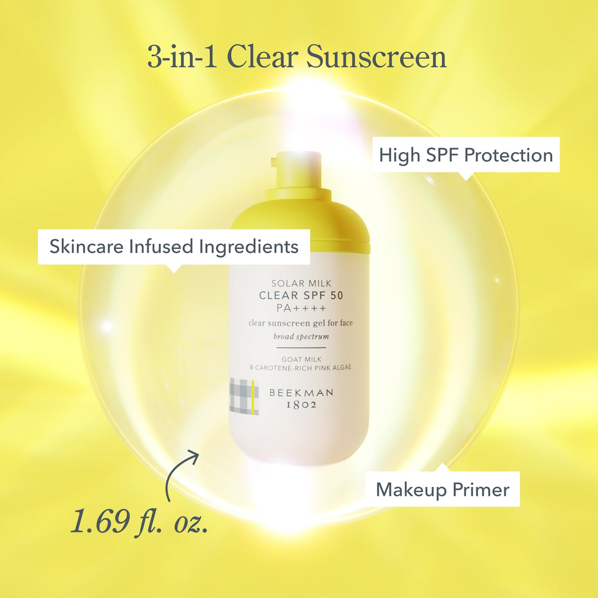 Beekman 1802 Solar Milk with makeup items illustrating primer benefit