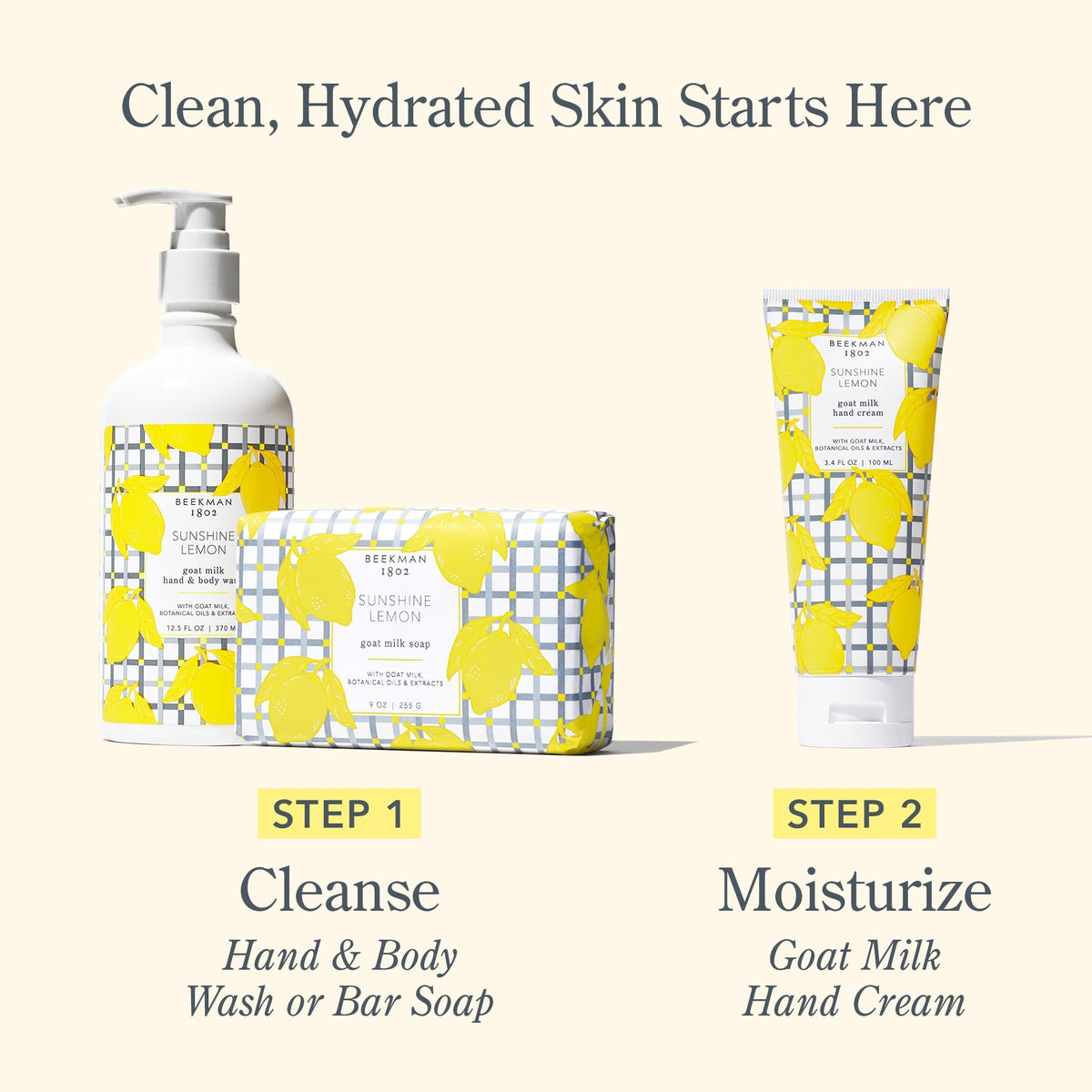 Beekman 1802 cream peeking from a tote bag, suggests on-the-go citrus refresh