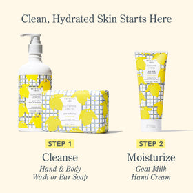 Beekman 1802 cream peeking from a tote bag, suggests on-the-go citrus refresh