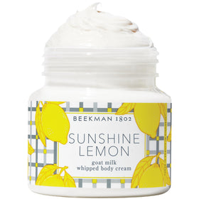 Beekman 1802 jar front view showing vibrant Sunshine Lemon packaging and hydrating benefit