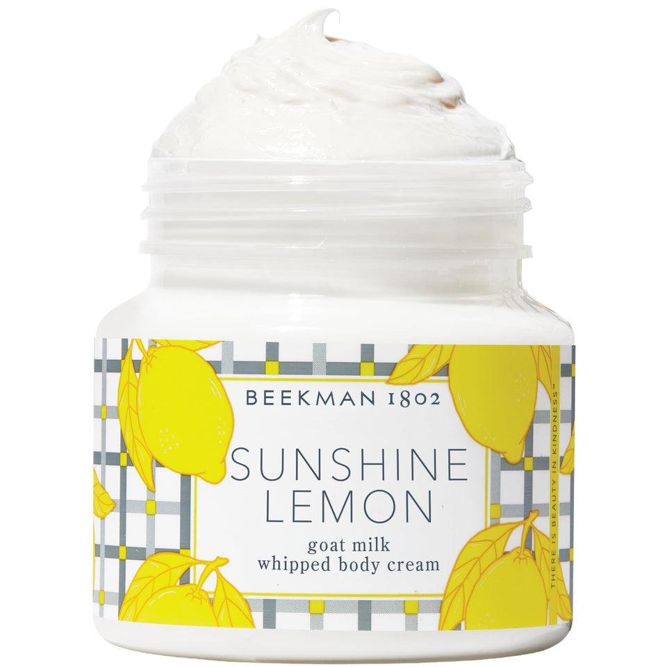 Beekman 1802 jar front view showing vibrant Sunshine Lemon packaging and hydrating benefit