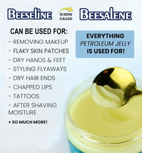 Beesaluxe Beesalene ingredients flatlay with rapeseed oil honey beeswax benefits