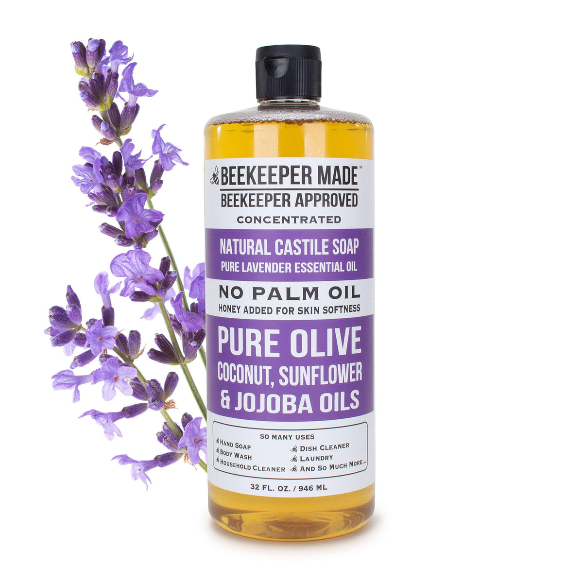 Beessential front packaging showing lavender and clean branding benefit: clear product identity