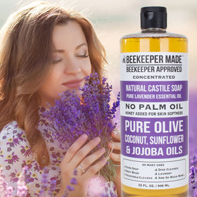 Beessential in bathroom setting with lavender décor showing calming scent benefit