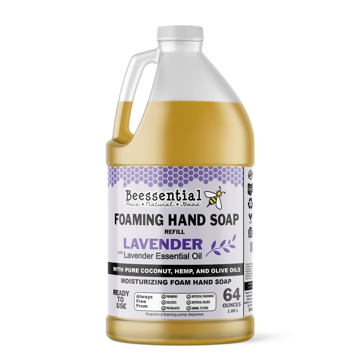 Beessential lavender 64 oz bottle front view showing label and scent benefits