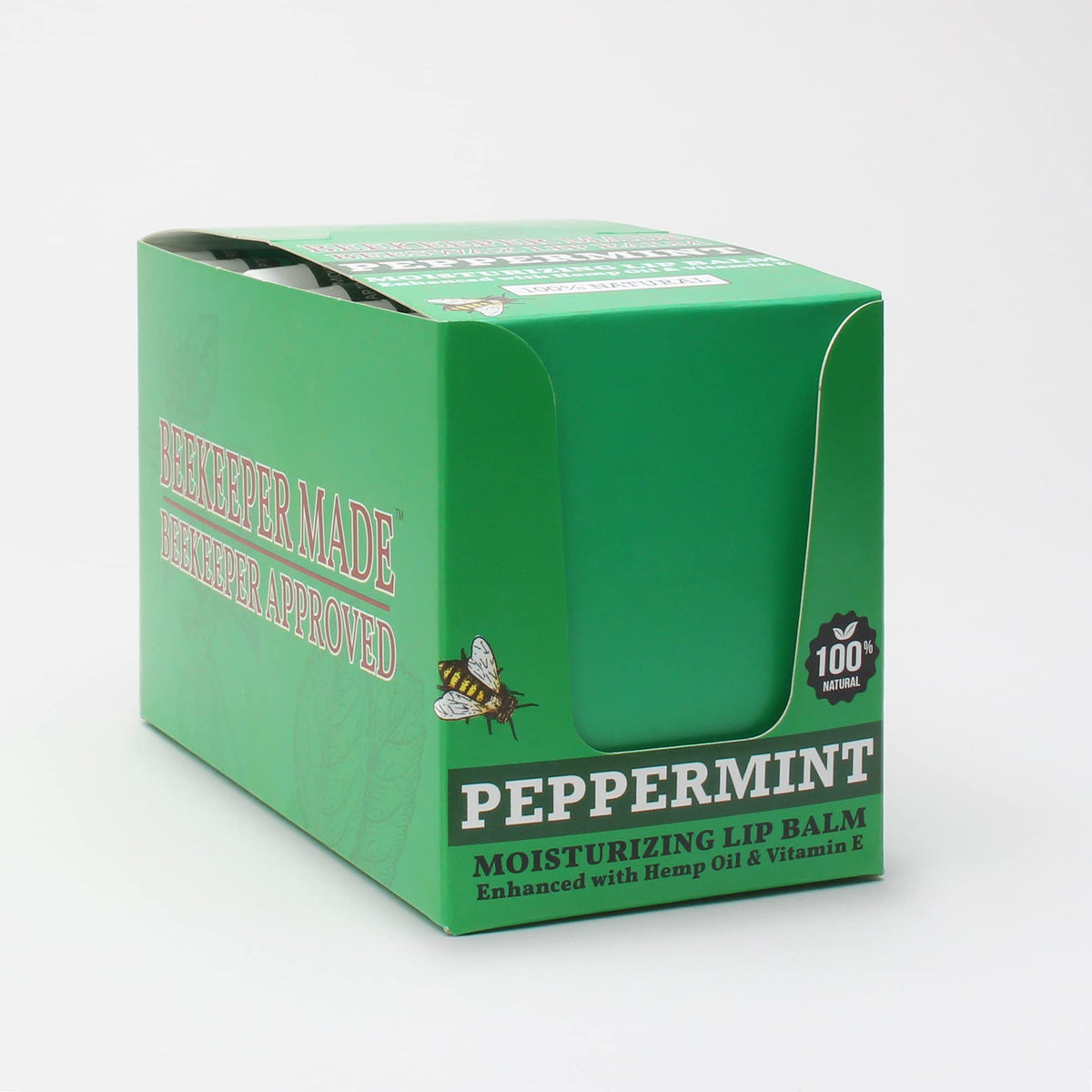 Beessential balm in use on lips, demonstrates refreshing peppermint feel and hydration