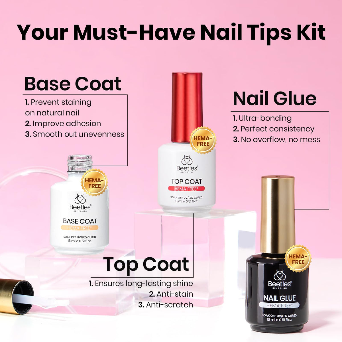 Beetles Gel Polish three 15ml HEMA-free bottles for safer at-home use