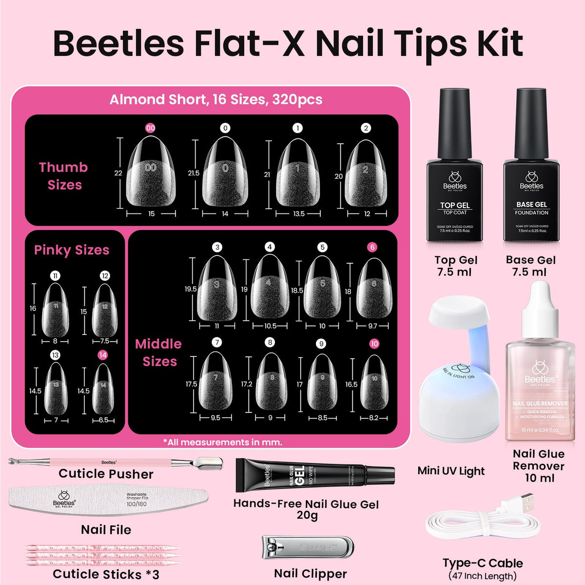 Beetles pre-numbered 16 sizes of tips close-up for easy size selection benefit