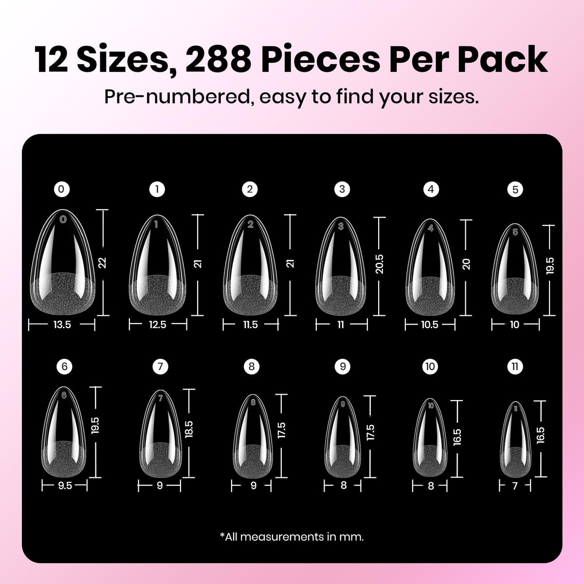 Beetles Gel Polish spread of 288 nail tips in 12 sizes for easy matching