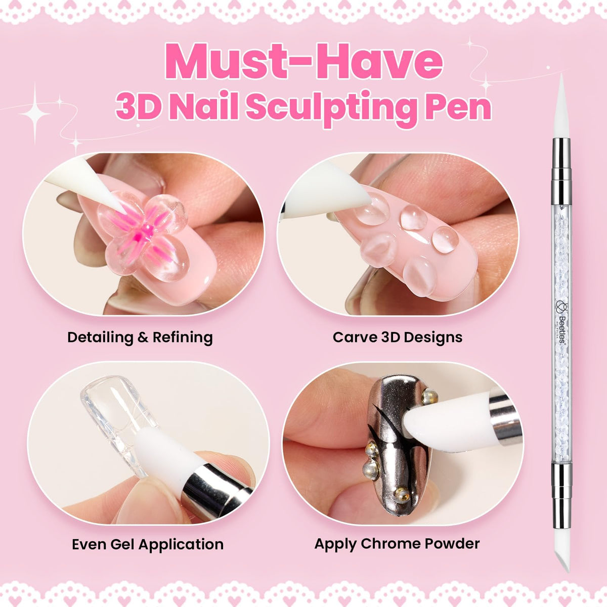 Beetles cured 3D bow on natural nail demonstrating wearable dimension