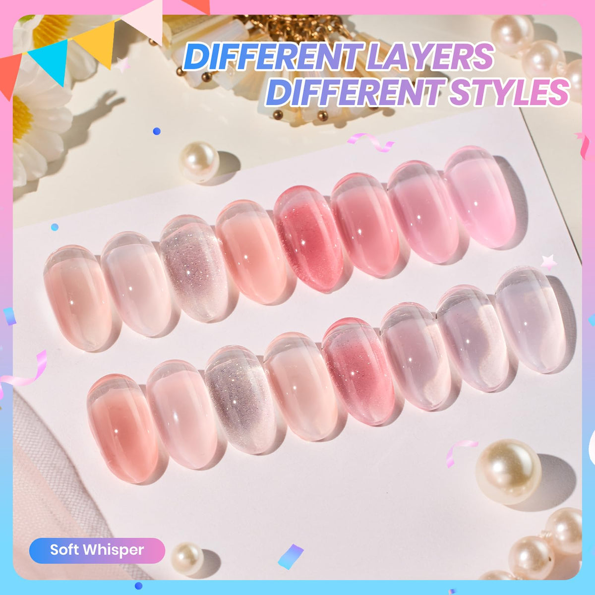 Beetles eight bottles arranged top view displaying nude pink jelly shade variety