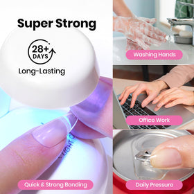 beetles hand model applying a press-on tip to show easy at-home extension technique
