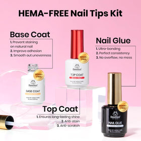 beetles base top and glue bottles arranged to show HEMA-free formulas for gentle use