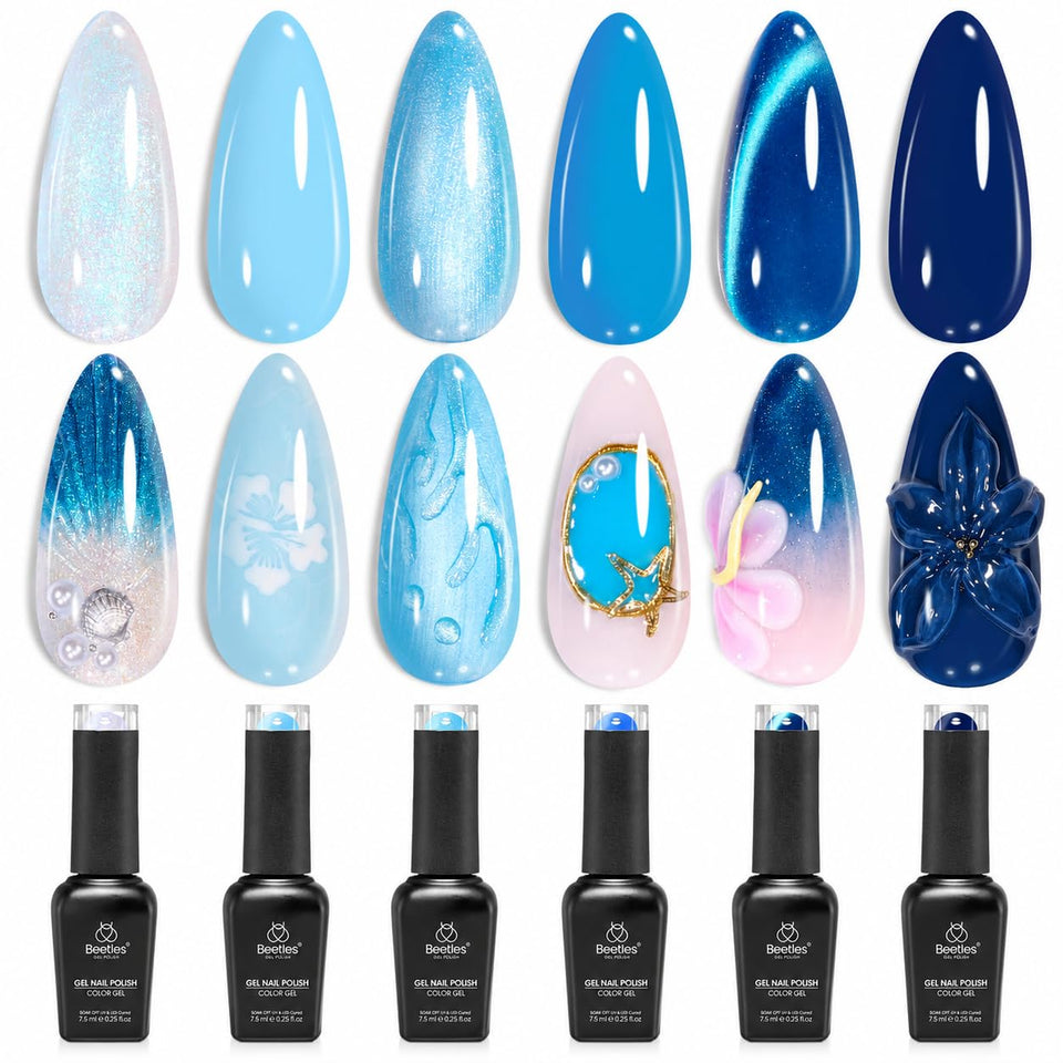 beetles front packaging showing six blue gel bottles and benefits for coordinated looks