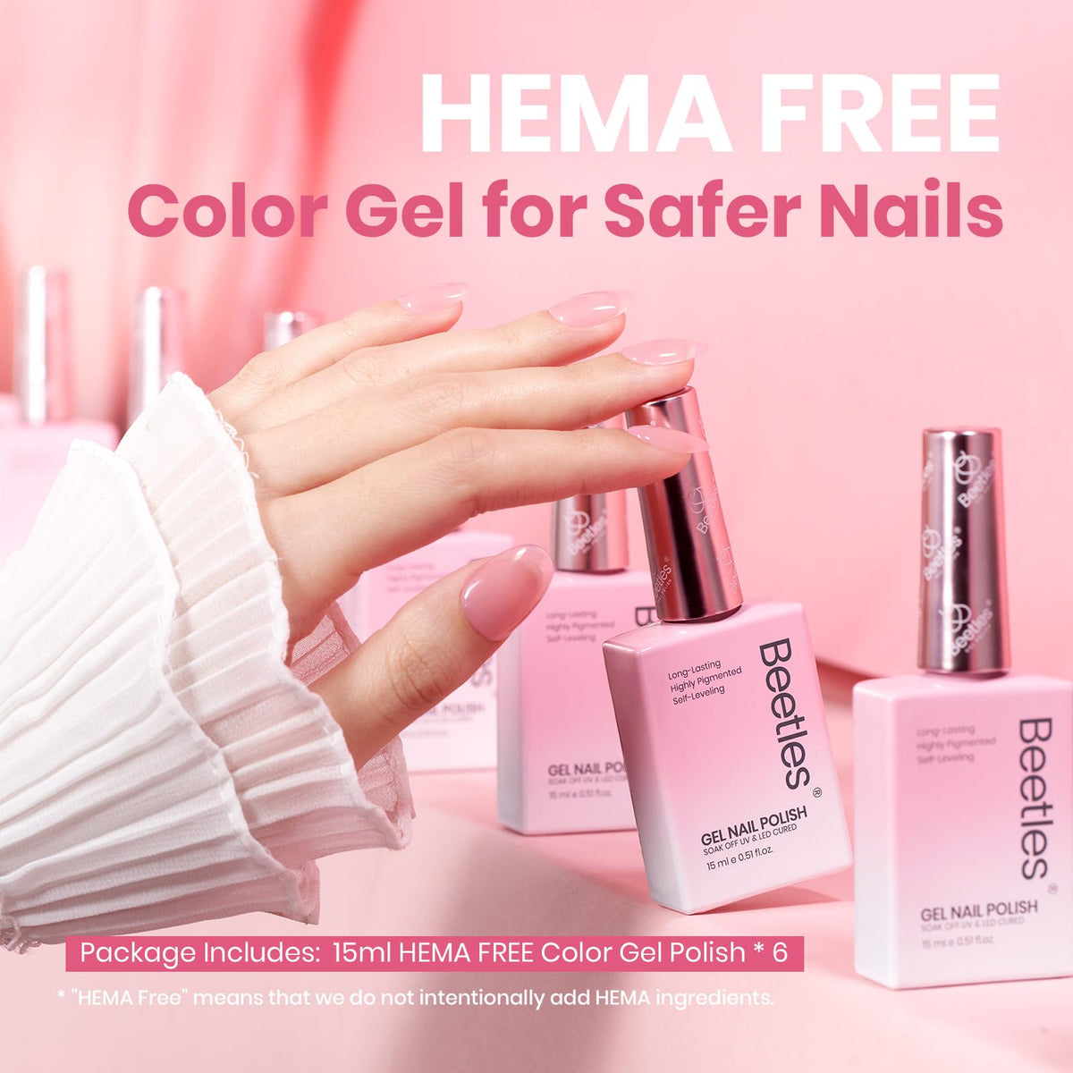 beetles bottle label close-up highlighting 15ml HEMA-free formula benefit: ingredient reassurance
