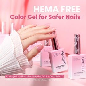beetles bottle label close-up highlighting 15ml HEMA-free formula benefit: ingredient reassurance