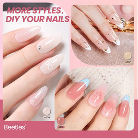 beetles bottles lineup with readable labels highlighting eight sheer nude shades