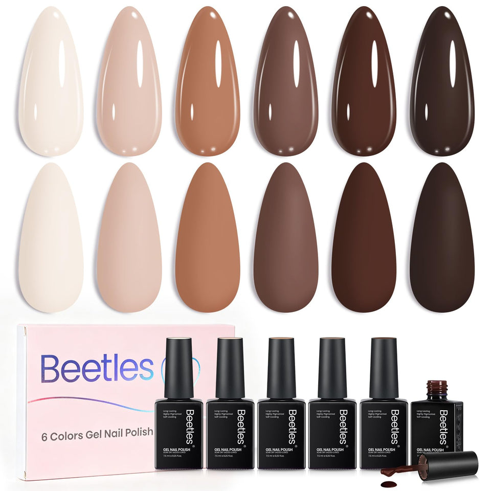 beetles front packaging showing six brown gel polish bottles and kit benefits