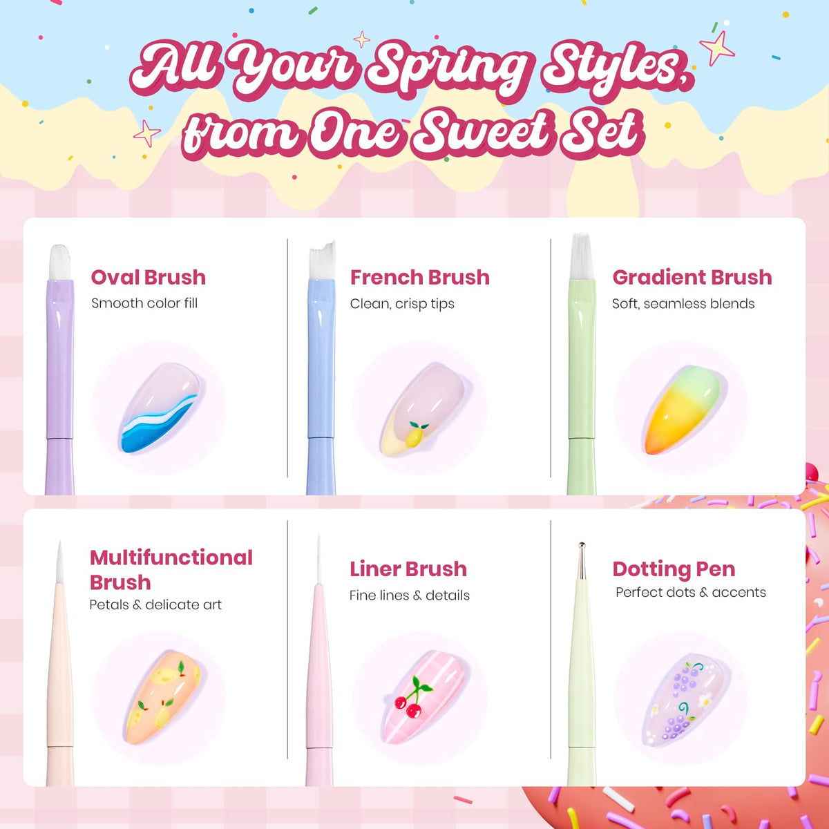 beetles Gel Polish full brushes layout displaying six tools for varied nail techniques