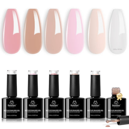 Beetles builder gel front packaging showing six neutral shades for versatile looks