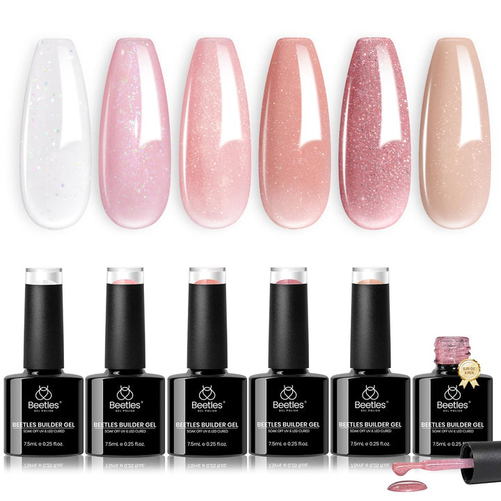 Beetles Builder Gel front packaging showing six glitter shimmer bottles and branding for quick kit identification