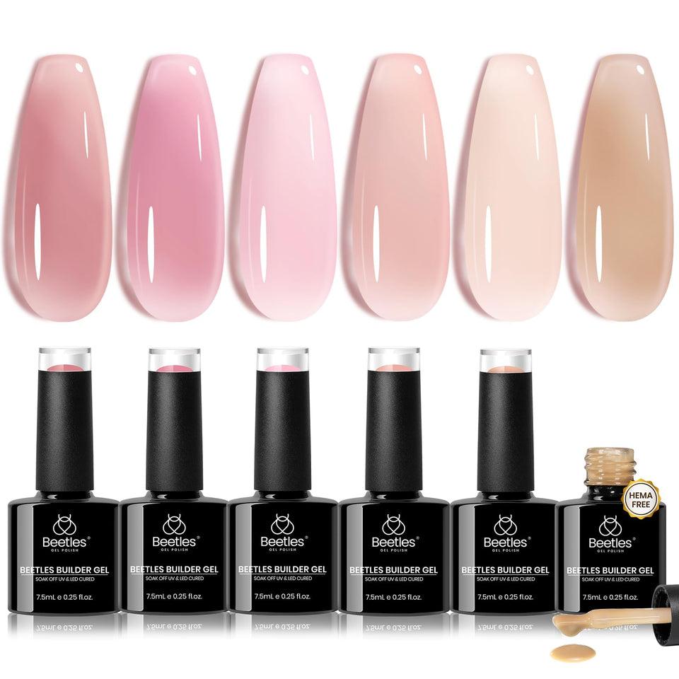 beetles builder gel kit front packaging showing six nude colors and benefits