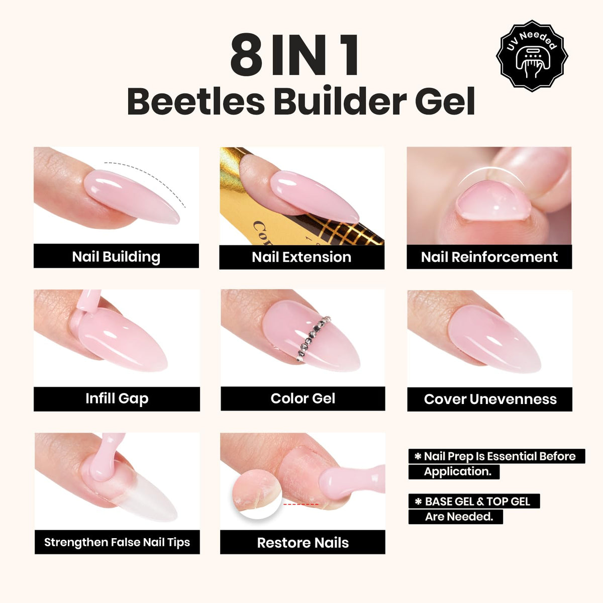 Beetles builder gel open bottle with brush showing smooth application benefit