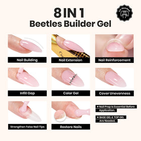 Beetles builder gel open bottle with brush showing smooth application benefit