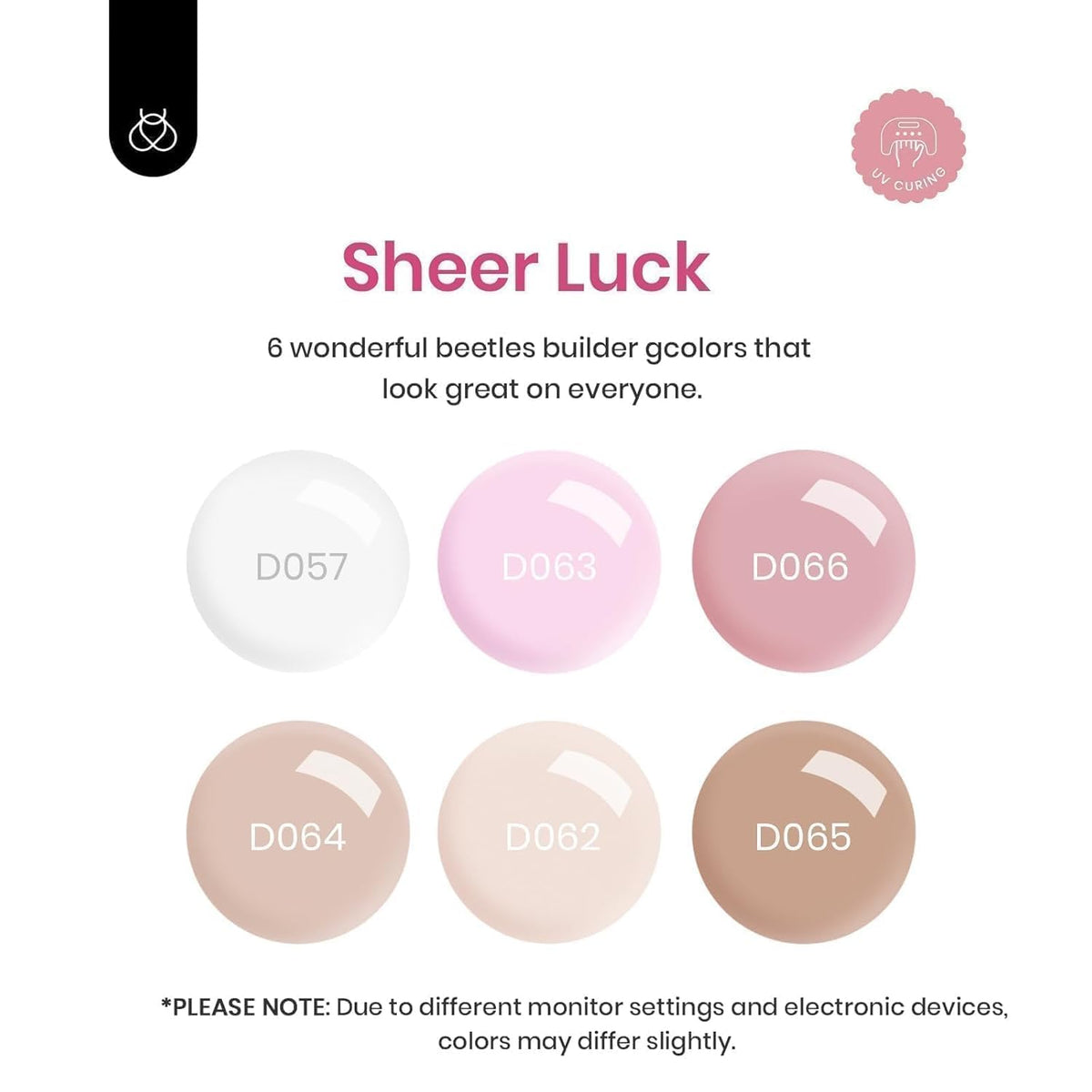 Beetles builder gel swatch array on fan showing shade range for all skin tones