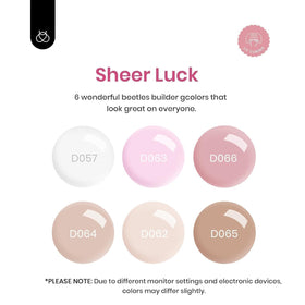 Beetles builder gel swatch array on fan showing shade range for all skin tones