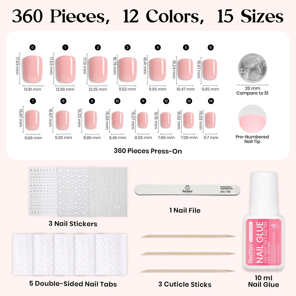 Beetles Gel Polish size comparison chart illustrating 15 sizes for perfect fit