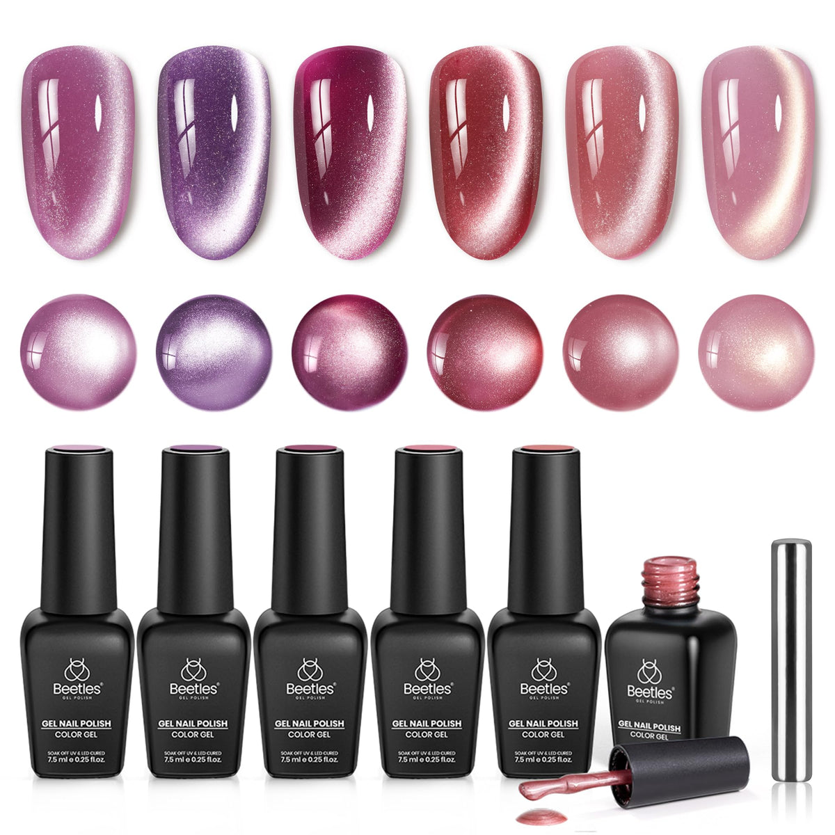 Beetles Gel Polish front packaging showing six magnetic cat eye bottles, clear kit overview.
